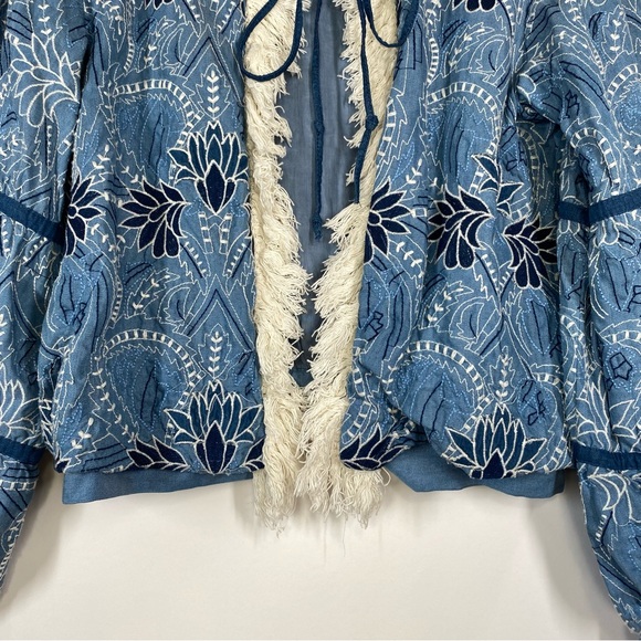Zara Blue Embroidered Open Front Fringe Jacket Size S Whimsical Artsy Festival - Picture 5 of 16